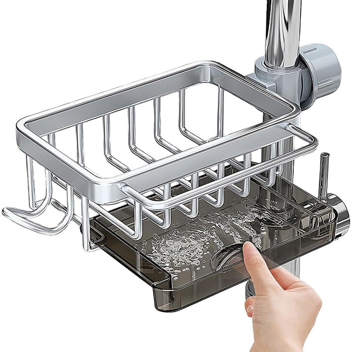 Тримач для губки для кухонного змішувача - Багатофункціональний органайзер для раковини Кошик для зберігання губок, рушників для посуду та щіток Міцний дизайн з алюмінію та ABS-пластику Ідеально підходить для зберігання у ванній кімнаті (сріблястий)