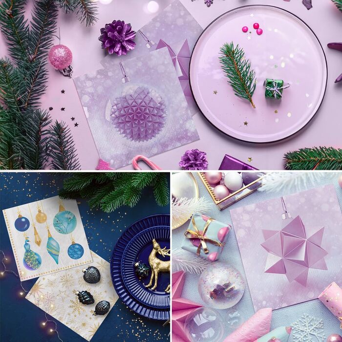 Серветки 3-шарові (33 x 33 см) I 20 шт. I Різнокольорові паперові серветки, ідеальні для різдвяного столу I Серветки - Різдво, зима, зірки, сніг, сніговики I (Блискучі сніжинки)