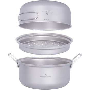 Кемпінг Пароварка Каструля Титановий бульйон Набір сковорідок Посуд для подорожей на відкритому повітрі Ультралегка каструля для супу Портативний набір для пікніка для походів зі складною ручкою (1.8-літровий паровий горщик і 1.5-літровий набір каструль T