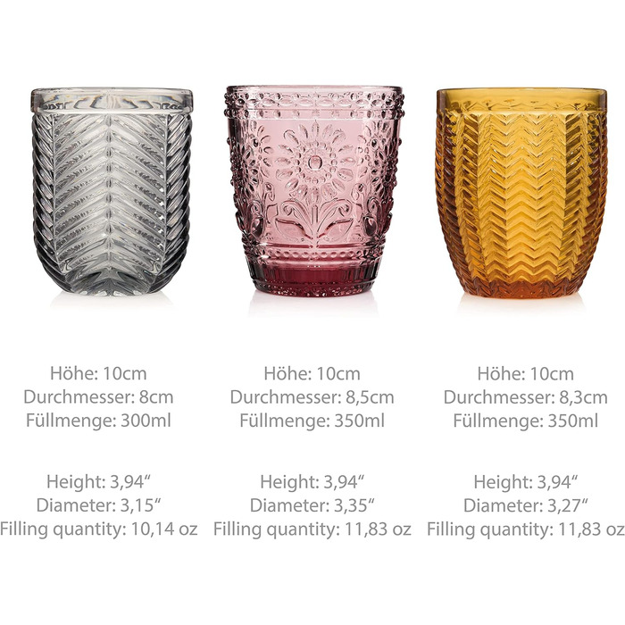 Набір склянок для пиття Singer Набір скляних склянок Porto з 6 предметів для 6 осіб, склянка для води, різнокольорова, унікальна нарізка, повсякденний, сімейна вечеря, офіс, набір склянок для соку на відкритому повітрі 310 мл поштові 6 шт.