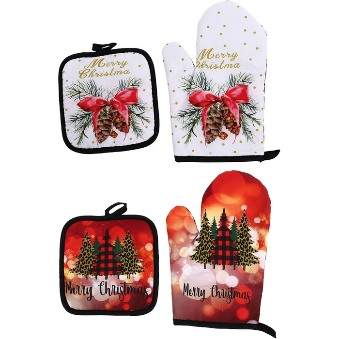 Різдвяний набір з 2 прихваток та 2 рукавичок для духовки, 4 предмети, різнокольоровий Cabilock