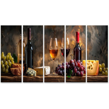 Друк на полотні Сільський натюрморт з пляшками вина, келихами, виноградом, сиром, хлібом на дерев&39яному столі Картини Настінний художній постер (полотно 160x80 см - 5 частин XXL)