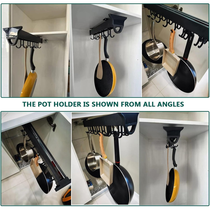 Підвісна підставка для каструль з гачками - регульований кухонний органайзер для каструль та сковорідок, розсувна планка для зберігання, вантажопідйомність 34 кг (56 см, чорний)