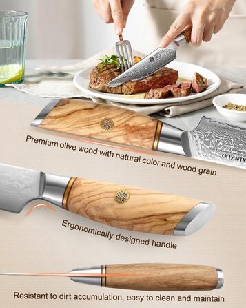 Набор из 4 ножей для стейка из дамасской стали 13 см с деревянным блоком XINZUO