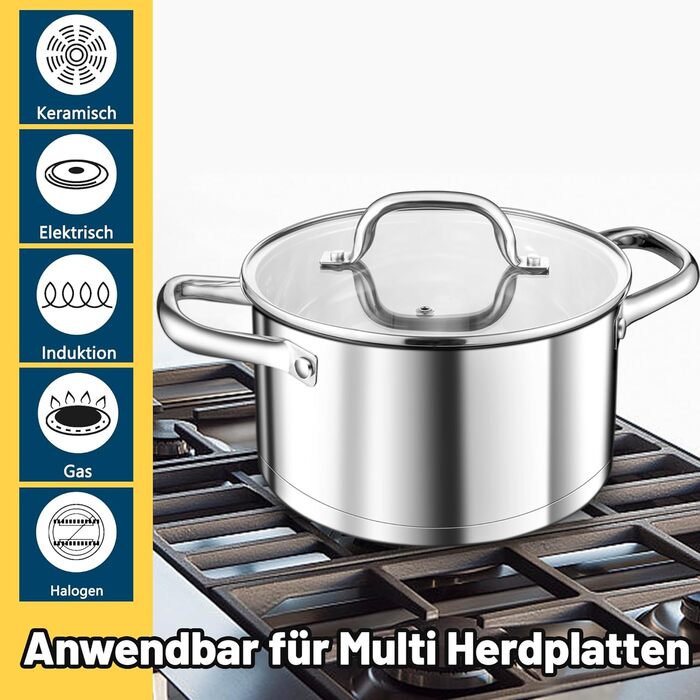 Велика каструля TEAMFAR, каструля з нержавіючої сталі, індукційна каструля, скляна кришка, 3-шарове дно для всіх типів плит, каструля для пасти 26 см, каструля для м&39яса, без покриття та нетоксична, можна мити в посудомийній машині (4,7 літра)