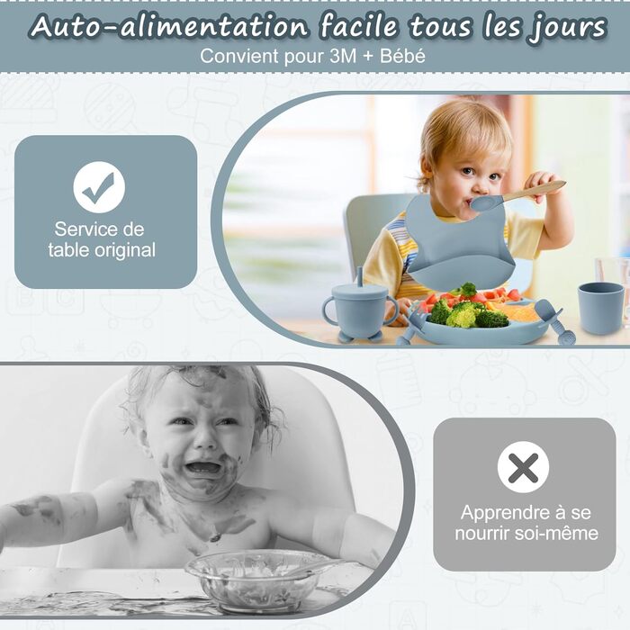 Набір дитячого посуду із силікону, 12 предметів, синій CUBTEM