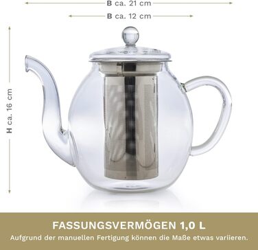 Чайник из Creano glass с крышкой для чая 500 мл из чайных цветов, чайных роз и листового чая, а также чайных пакетиков качественный, термостойкий (1 л)