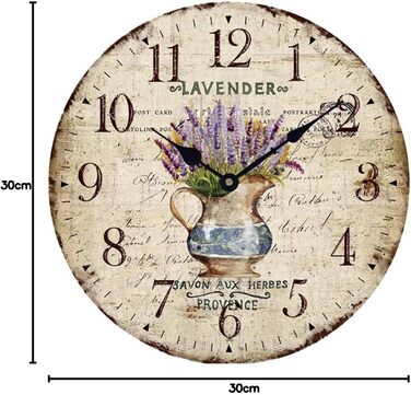 Настінний кухонний годинник YOAI, вінтажний шаббі-шик, антикварний, ностальгічний, сільський, кварцовий годинник з МДФ з безшумним механізмом, 12 дюймів/30 см Ø (лаванда в горщику)