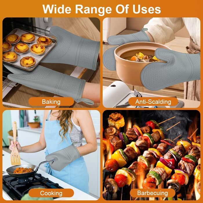 Набір рукавичок для духовки AUAUY, 1 пара силіконових рукавичок для духовки з 2 тримачами для каструль, нековзні кулінарні рукавички, термостійкі рукавички для духовки, рукавички для кухні, приготування їжі, випічки, гриля, барбекю (сірі)