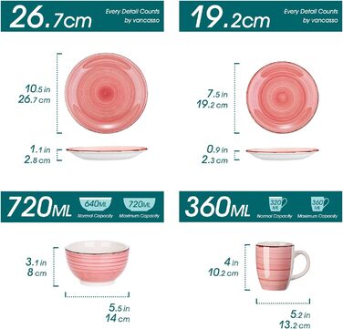 Комбінований набір фаянсу, обідній сервіз з ручним розписом vancasso Bella, стиль Марокко, вінтажний зовнішній вигляд, ручний розпис, на 12 осіб (комбінований набір з 16 предметів, Rosa-ii)