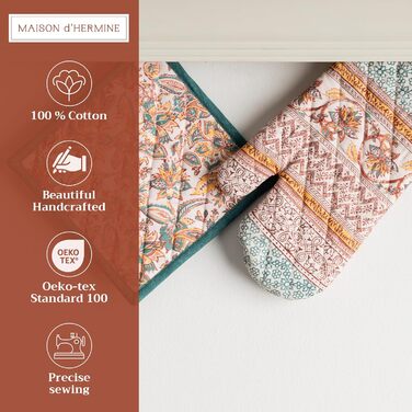 Рукавички для духовки, прихватки для каструль Maison d&39 Hermine, 100 бавовна, термостійкі кухонні рукавички, рукавички для духовки (19 x 33 см) та прихватки для каструль (20 x 20 см) для приготування їжі, Морзін - Рукавички для духовки (19 x 33 см) та п