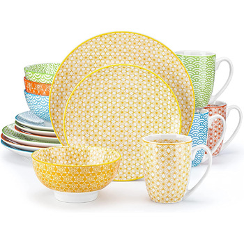 Порцеляновий набір посуду Haruka, 48 шт. Набір круглий комбі-сервіз на 12 осіб, включає чашки, боули, десертні тарілки та обідні тарілки (різнокольорові, комбіновані сервізи з 16 предметів)