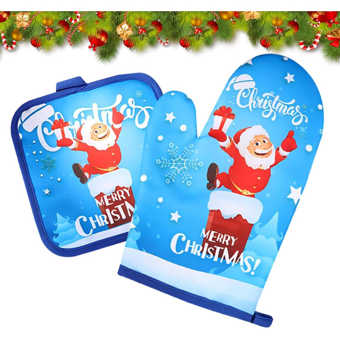 Рукавичка для духовки та прихватка для каструль, набір 2 предмети з різдвяним принтом, сині Embhlitfe