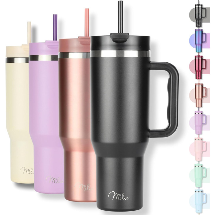 Термокружка 1200 мл с трубочкой и ручкой, черная Milu