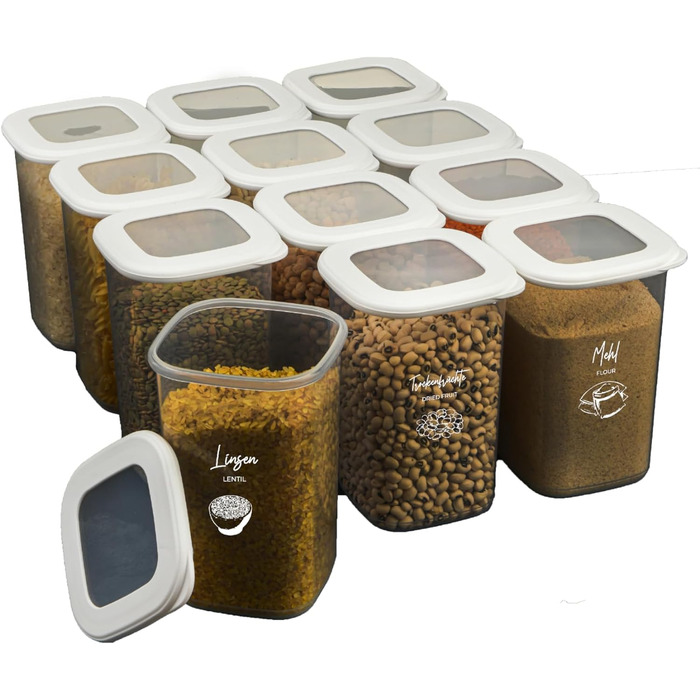 Банки для хранения с герметичными крышками Набор из 24 контейнеров для хранения БЕЗ БИСФЕНОЛА А Для мюсли, хранения муки и сахара Практичный кухонный ящик для хранения всех продуктов (набор из 12 белых 1200 мл)