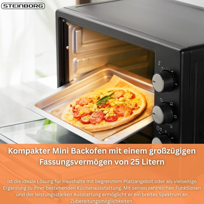 Міні-піч STEInBORG 25 літрів Піч для піци Духовка 3-в-1 Міні-піч Піддон для крихт Верхній/нижній нагрів Конвекція Таймер на 60 хвилин 1600 Вт