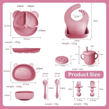 Силіконовий набір дитячого столового посуду Bizcasa з 9 предметів, нековзкий набір дитячого столового посуду, дитячий столовий посуд із присоскою, нековзна дитяча миска, дитяча тарілка, дитячий набір столових приладів для малюків, без бісфенолу А (темно-р