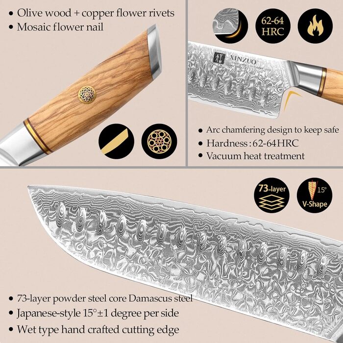 Нож сантоку 18,2 см, дамасская сталь Lan XINZUO