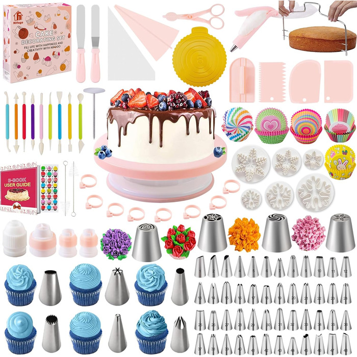 Набір аксесуарів для торта Nifogo, 301 предмет, аксесуари для випічки, аксесуари для декорування тортів з обертовою підставкою, кондитерський мішок, кондитерські насадки, шпатель для початківців (C-світло-рожевий)