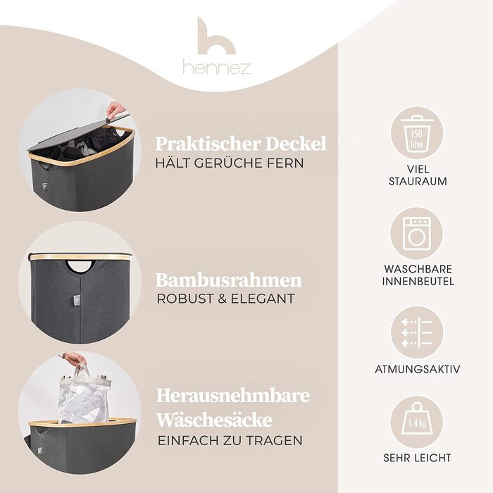 Ящик для белья 150 л - Корзина для белья 3 отделения - Крышка - Сортировщик белья с мешком для белья - Корзины для белья - Серый бамбук - Корзина для белья - Система сортировки белья - Сборник для белья 3) 150л Серый