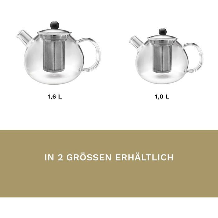 Скляний чайник Creano 1.3 л, скляний чайник із 3 частин із вбудованим ситечком з нержавіючої сталі та скляною кришкою, ідеально підходить для приготування сипучих чаїв, без крапель, все-в-одному (1,0 л)