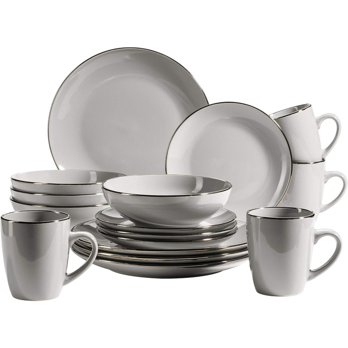 Современный набор посуды на 4 человека с ободком латунного цвета, комбинированный набор, керамогранит, 16 предметов, серый MÄSER