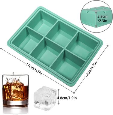 Форма для льоду LessMo XXL, 3-елементна, силіконова форма для льоду на 18 отворів з кришкою, великі кубики льоду 4,8 см, штабельовані та придатні для миття в посудомийній машині, без BPA для пива, коктейлів, віскі (1-мідно-зелена)