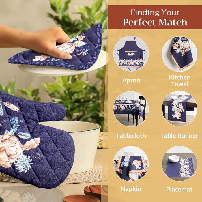 Рукавички для духовки Maison d&39 Hermine, Прихватки для каструль, 100 бавовна, термостійкі кухонні рукавички, рукавички для духовки (19 см x 33 см) та прихватки для каструль (20 см x 20 см) для приготування їжі, Morzine - Рукавички для духовки на День по