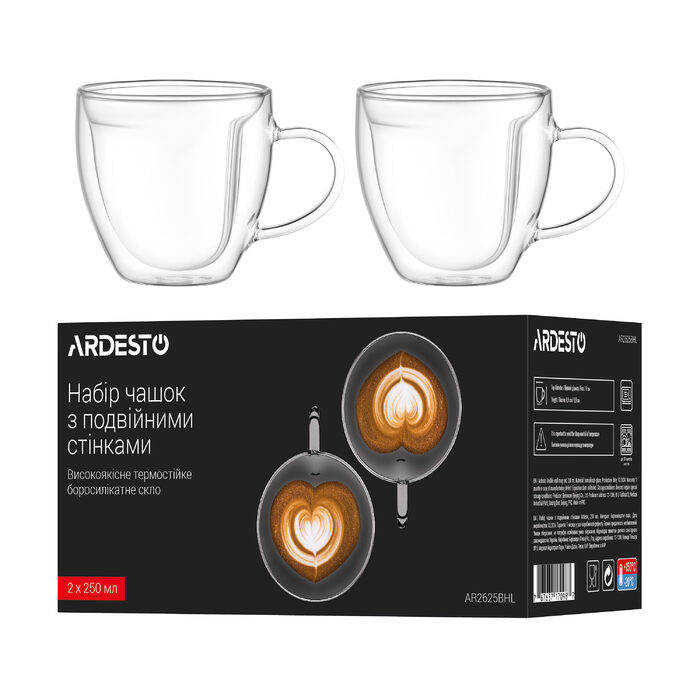 ARDESTO Набор чашек с ручками и двойными стенками, 250мл, 2шт, боросиликатное стекло, прозрачное