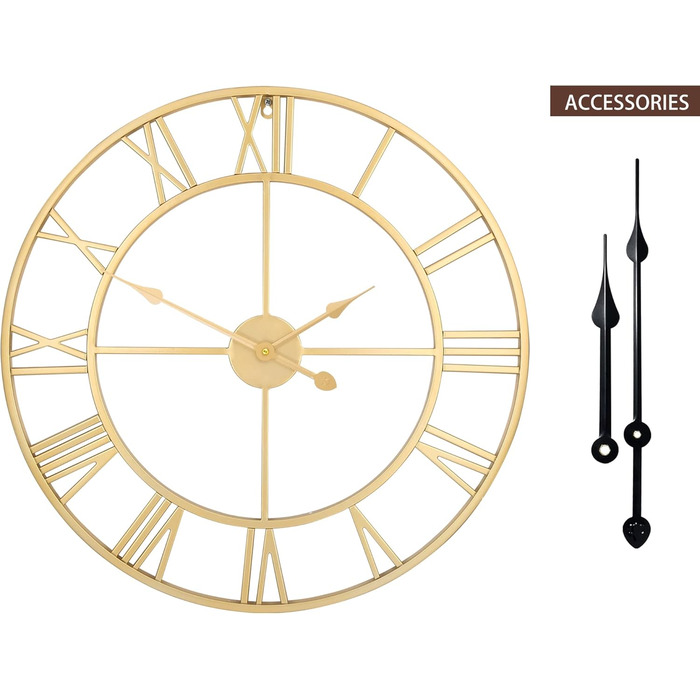 Великий вінтажний круглий металевий настінний годинник безшумний нецокаючий, що працює на батарейках, 40 см, 16 дюймів, римські цифри, годинники для вітальні, спальні, кухні, настінний годинник, прикраса (золотий, 60 см)