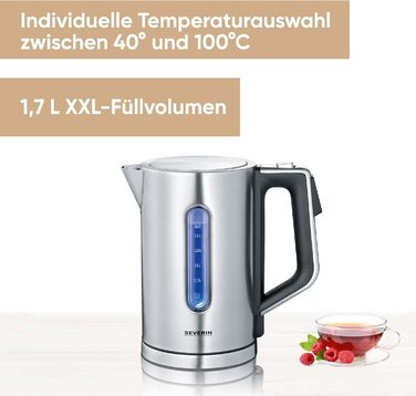 Цифровой чайник SEVERIN с быстрым кипячением и индивидуальным выбором температуры, обем наполнения 1,7 л XXL, матовая нержавеющая сталь / черный, 3000 Вт, 100 без бисфенола А, WK 3418 одинарный