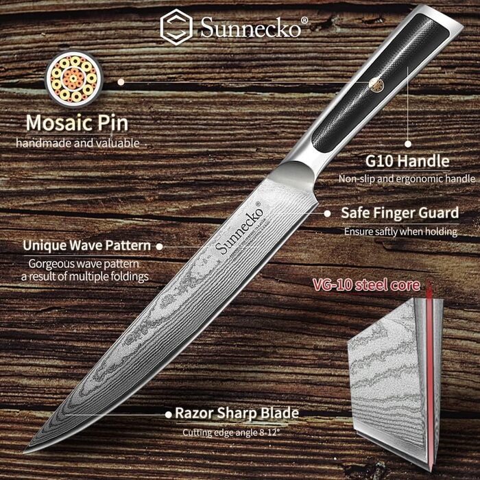 Ніж для хліба Sunnecko 20 см із зазубреним краєм, дамаський ніж для хліба, гострий кухонний ніж з лезом з дамаської сталі, ніж для різання хліба з ручкою G10