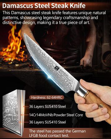 Набор из 4 ножей для стейка из дамасской стали 13 см с деревянным блоком XINZUO