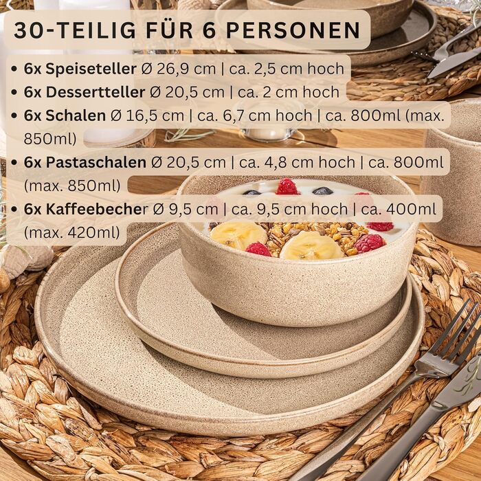 Комбінований сервіз на 6 персон, набір тарілок кавовий кухоль макаронна миска 30 шт. , набір посуду з керамограніту посудомийна машина - мікрохвильова піч - стійкий до подряпин, набір посуду з керамограніту КОЛЕКЦІЯ ЦІННОСТЕЙ (Cairo Mocha, комбінований се