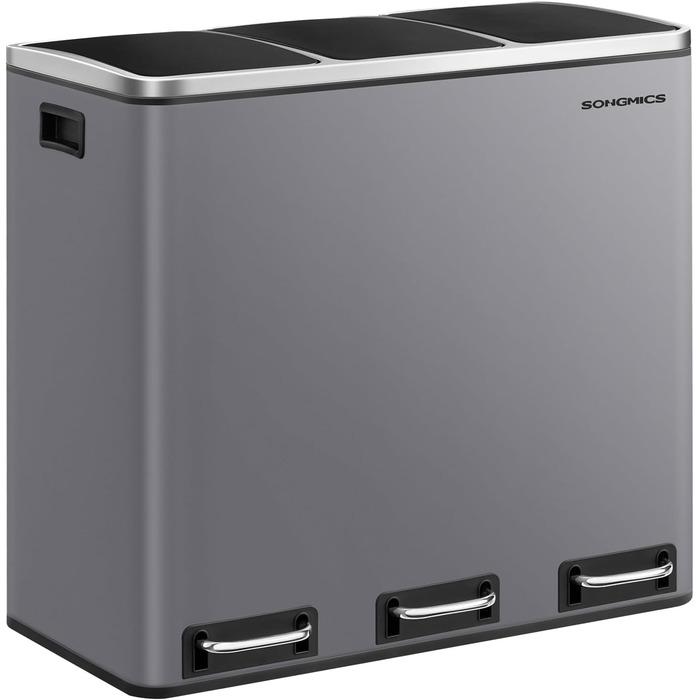 Кухонний кошик для сміття SONGMICS, 3 x 18 л, система розділення сміття з 3 відділеннями, включаючи 15 мішків для сміття, відро для сміття, відро для сміття з педаллю, для вторинної переробки, органічні відходи, з кришкою, LTB54BK (матово-сірий)