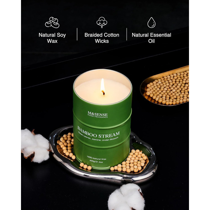 Ароматичні свічки M&SENSE з натурального соєвого воску, натуральна соєва свічка для домашнього декору, тривале горіння до 70 годин, класні подарунки-свічки для чоловіків і жінок (600 г, бамбуковий потік)