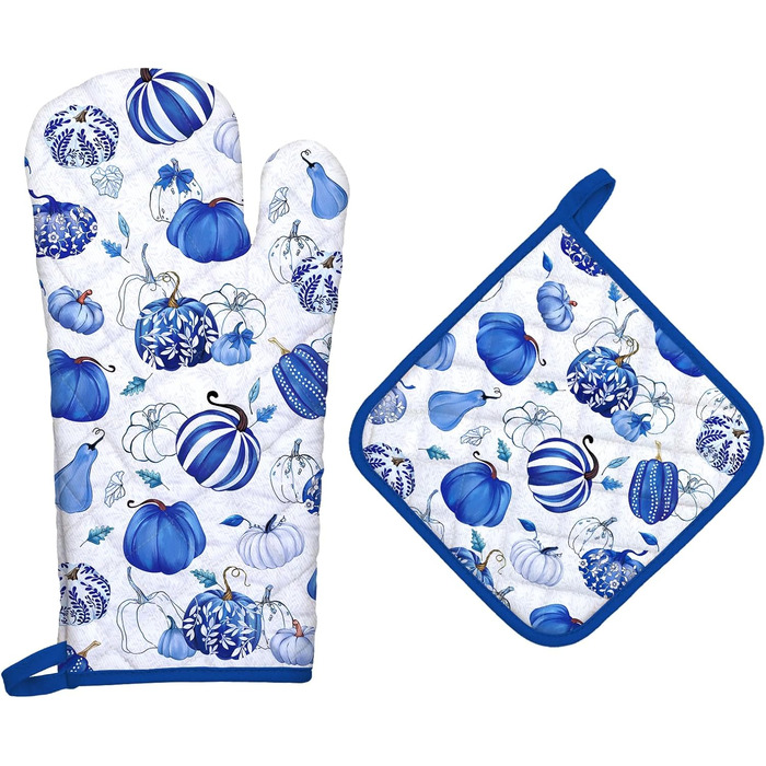 Набір з 2 різдвяних рукавиць для духовки та підставки для каструль Arquiel, 100 бавовняні кулінарні рукавички, термостійкі кухонні рукавички для приготування їжі, різдвяні подарунки для жінок (синій гарбуз, рукавичка для духовки підставка для каструль)