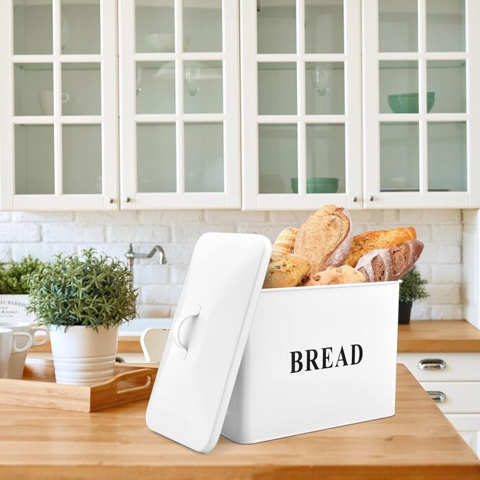 Хлібниця Herogo, дуже велика металева хлібниця для кухні, вінтажна висока хлібниця з кришкою, компактний контейнер для зберігання хліба для стільниці, вміщує 2 хліби, 33 x 24,5 x 19 см (білий)