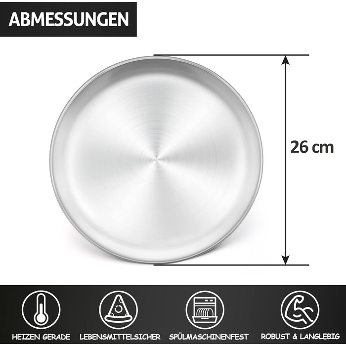 Из 4 шт., круглая форма для пиццы из нержавеющей стали, противень для пиццы для духовки, выпечки, сервировки, жарки, нетоксичный и полезный, прочный и безопасный для машины (серебристый металл) (26 см)