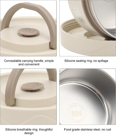 Термоконтейнер Tissting з ручкою, контейнер для гарячого обіду на 420 мл, коробка для обіду Bento, двошаровий портативний термоконтейнер круглої форми з нержавіючої сталі 304 (доступна для мікрохвильової печі білий)