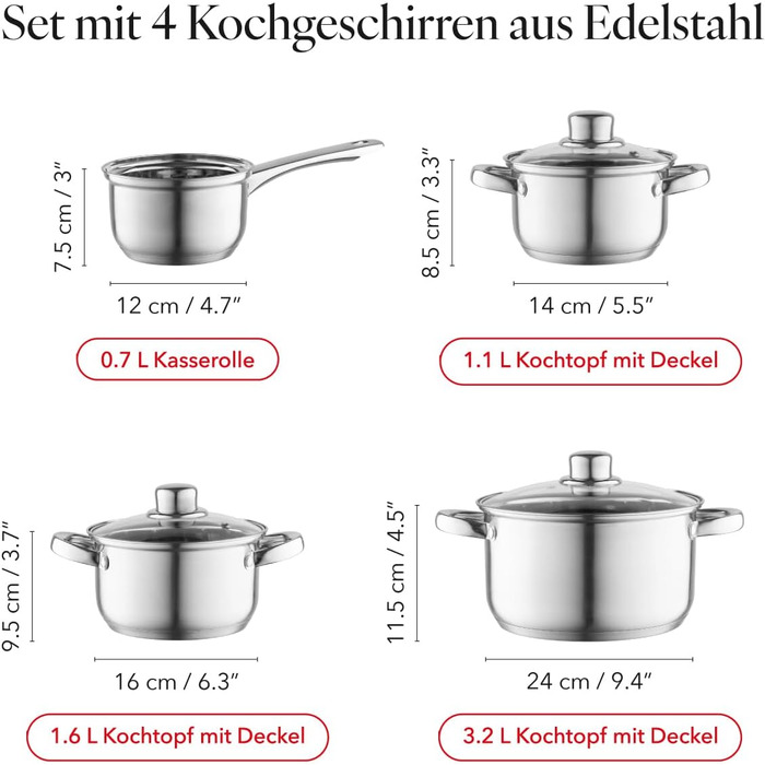 Набір посуду FLORINA 4 предмети Нержавіюча сталь 18/0 Кришка із загартованого скла Для індукційних, газових, електричних та керамічних варильних поверхонь Можна мити в посудомийній машині Високоякісний набір посуду для кожної кухні (8 предметів, Harry)
