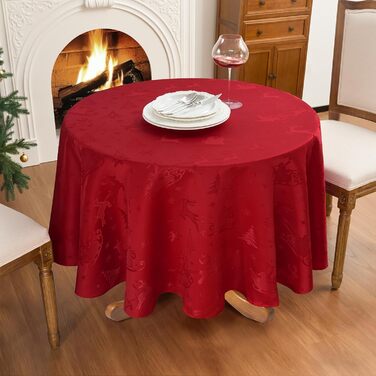 Маленька різдвяна скатертина Romanstile, яку можна прати та вона водовідштовхувальна, жакардовий олень та ялинка, квадратна скатертина для журнального столика, святкова, подарункова ( 180 см, червона)