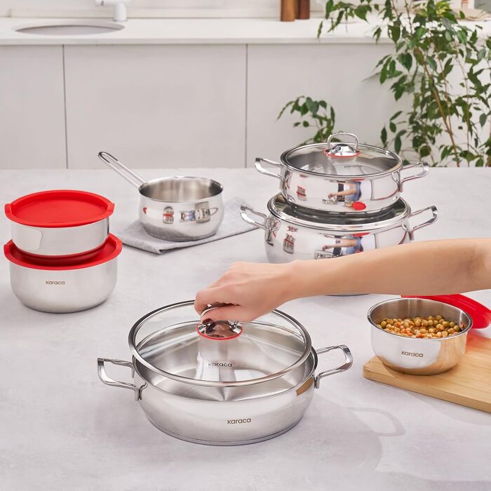 Набір індукційного посуду преміум-класу Karaca Emirgan з 8 предметів, сріблясто-червоний, міцний набір індукційного посуду, підходить для всіх типів плит, скляна кришка, каструлі та сковорідки, які можна мити в посудомийній машині (13 предметів - срібляст