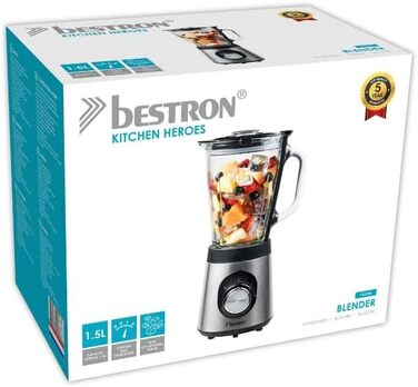 Блендер Bestron, з двома режимами швидкості та імпульсною функцією, контейнер можна мити в посудомийній машині, 500 Вт, 1,5 літра, колір (сріблястий)