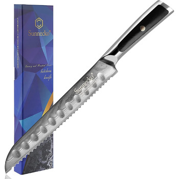 Ніж для хліба Sunnecko 20 см із зазубреним краєм, дамаський ніж для хліба, гострий кухонний ніж з лезом з дамаської сталі, ніж для різання хліба з ручкою G10