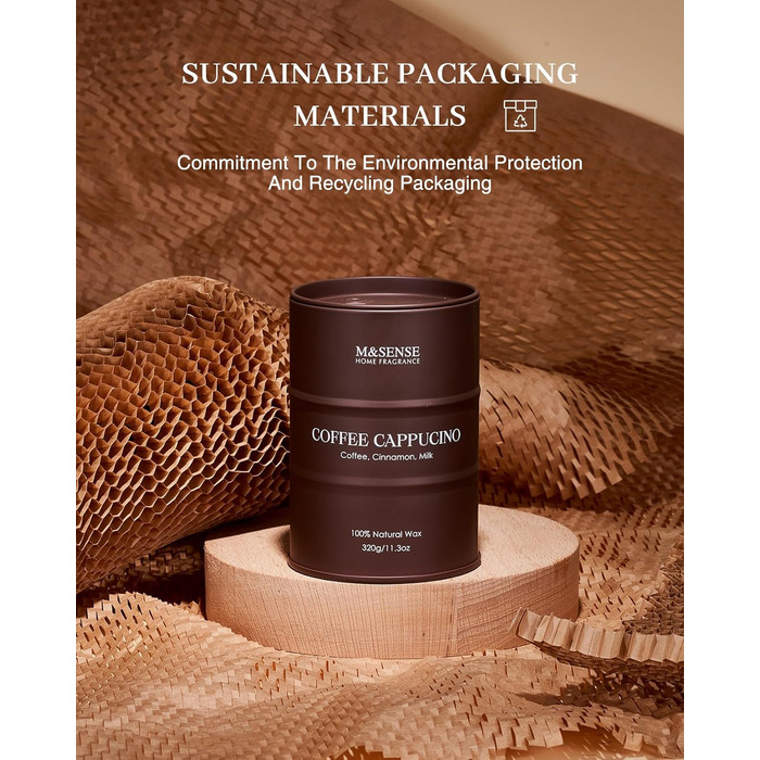 Ароматичні свічки M&SENSE з натурального соєвого воску, натуральна соєва свічка для домашнього декору, тривалий час горіння до 70 годин, класні подарунки-свічки для чоловіків і жінок (320 г, кава капучино)
