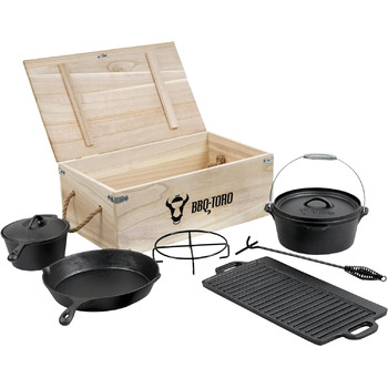 Набір голландської духовки барбекю-Торо в дерев'яній коробці, чавун, попередньо приправлений, набір гриль з голландською духовкою, дерев'яний ящик, сковорода, каструля, сковорода, підставка, підйомник кришки (7 предметів)