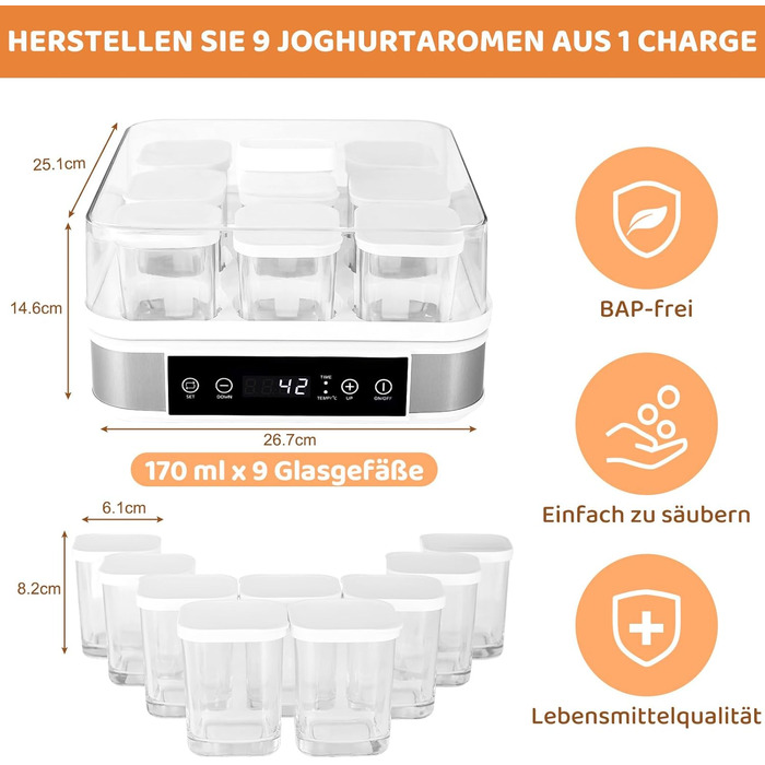 Йогуртница на 9 порционных стаканчиков 170 мл, 40 Вт Clevich