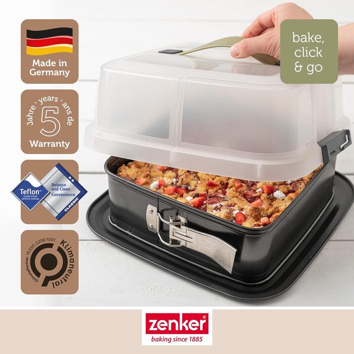 Квадратна пружинна форма Zenker Bake, Click & Go з капюшоном 24 x 24 x 8 см Форма для випічки з відповідною кришкою для прямого транспортування Форма для торта для випікання та транспортування