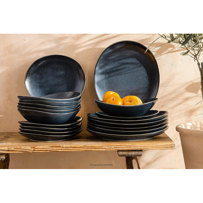 Набор посуды Combi на 6 персон - TIME BLACK Набор тарелок для микроволновой печи Modern 18 шт. - Можно мыть в посудомоечной машине Твердый фарфоровый сервиз - Обеденная тарелка Тарелка для завтрака Суповая чашка 18 шт. (Черный / Графитовый / Темно-синий, 